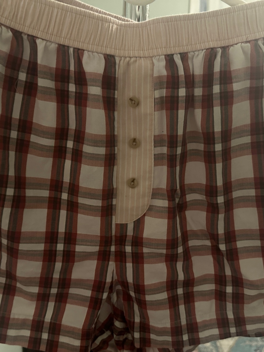 Anthropologie Plaid Flat-Front Boxers in Beige and Maroon